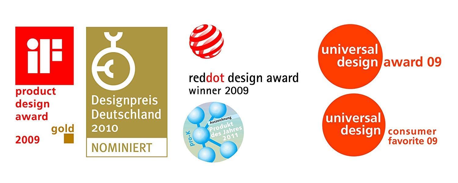 Auszeichnungen: iF Product Design Award, Designpreis Deutschland, Red Dot Award, Universal Design Award.