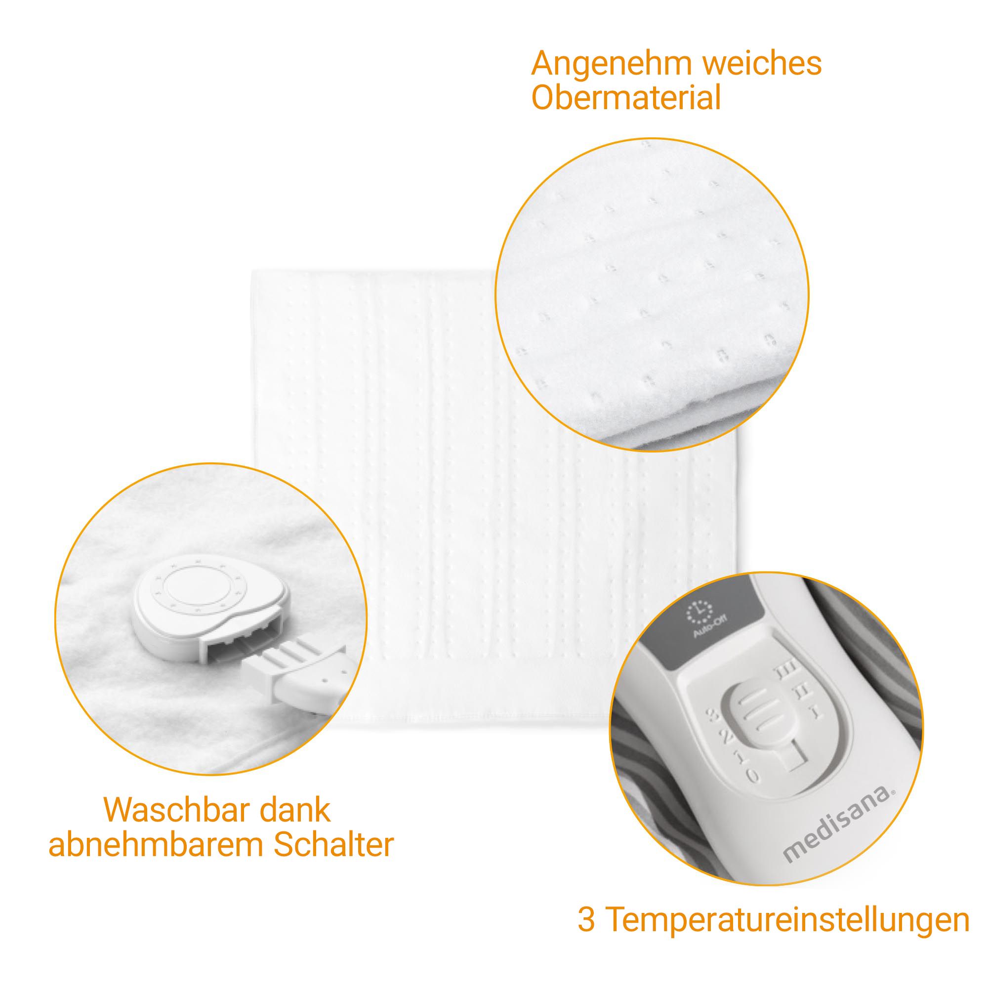 Nahaufnahme des Bedienelements eines medisana Wärmeunterbetts mit Beschriftungen für Sicherheit, Waschbarkeit, Watt und Auto-Off.