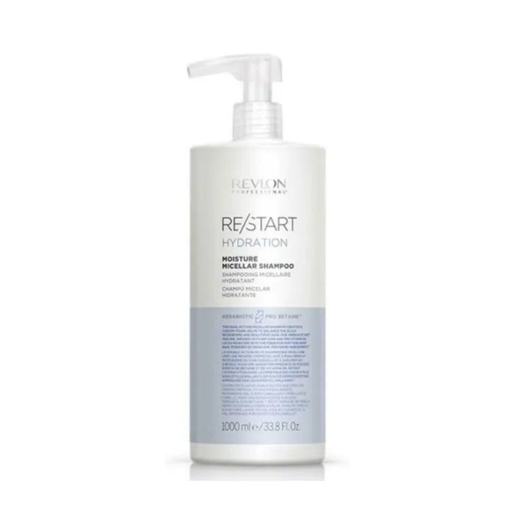 Weißer Shampoo-Behälter mit Pumpe und blauem Etikett. Aufschrift: Revlon Re-Start Hydration, Moisture Micellar Shampoo. 1000 ml.