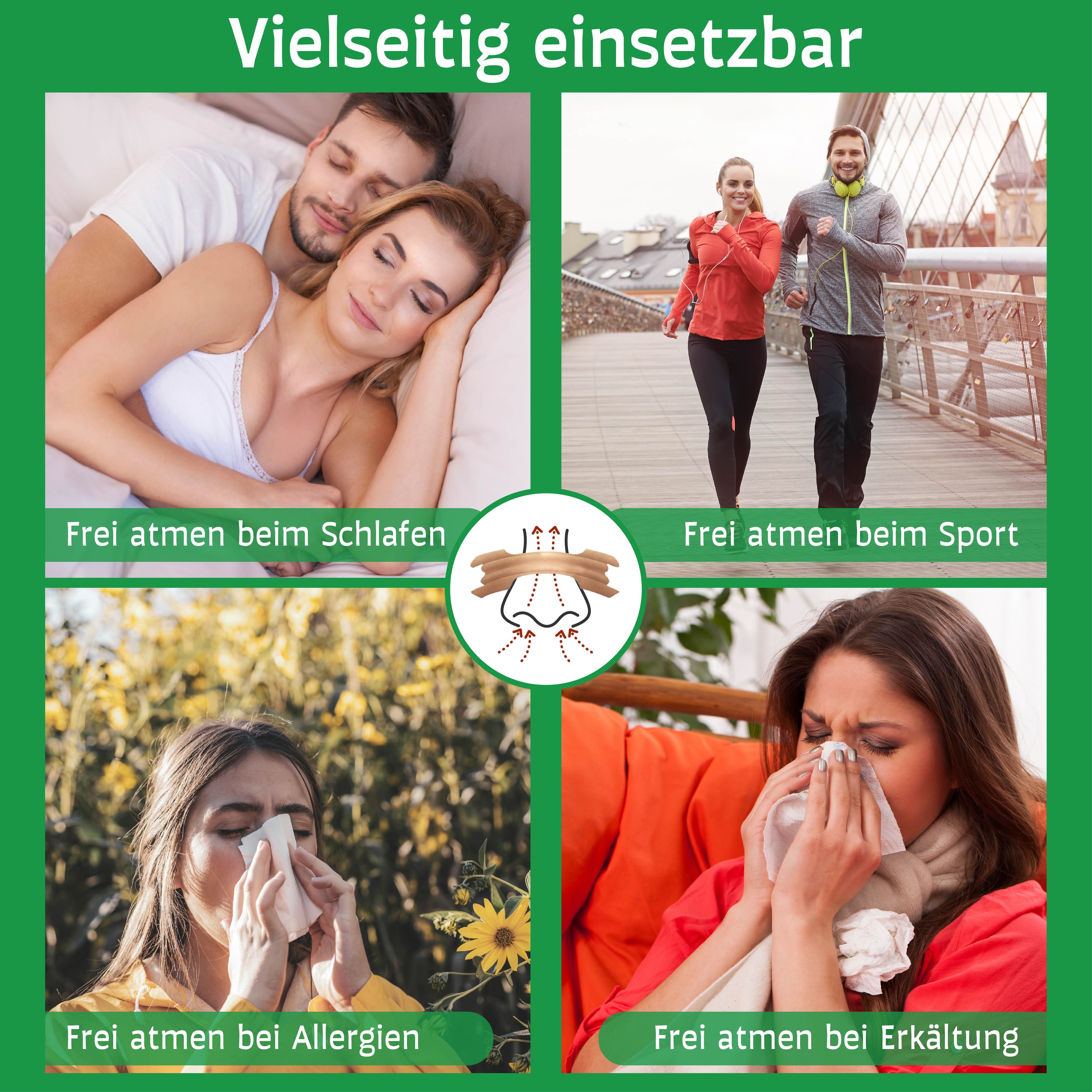 Anwendungsbeispiele für Nasenstrips: Schlafen, Sport, Allergien, Erkältung. Menschen in verschiedenen Situationen.