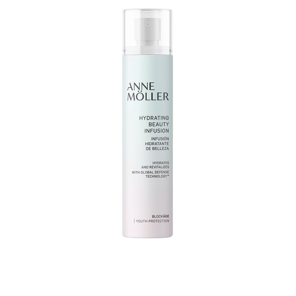 Flasche mit Sprühkopf. Aufschrift: Anne Möller, Hydrating Beauty Infusion. Farbverlauf von Weiß zu Mintgrün.