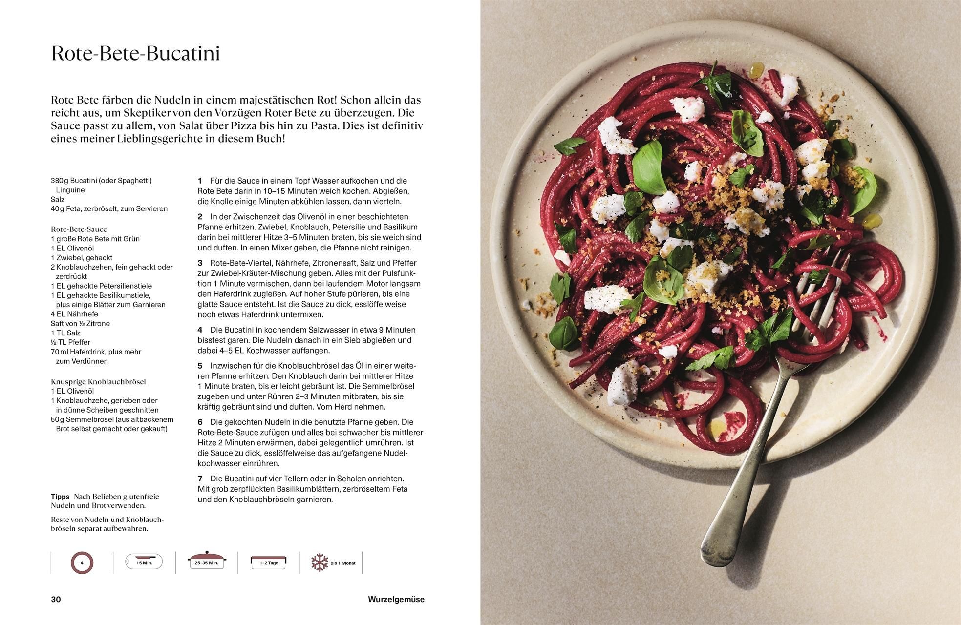 Doppelseite aus dem Kochbuch "You Can Cook This!". Rezept für Rote-Bete-Bucatini. Ein Teller mit Pasta.