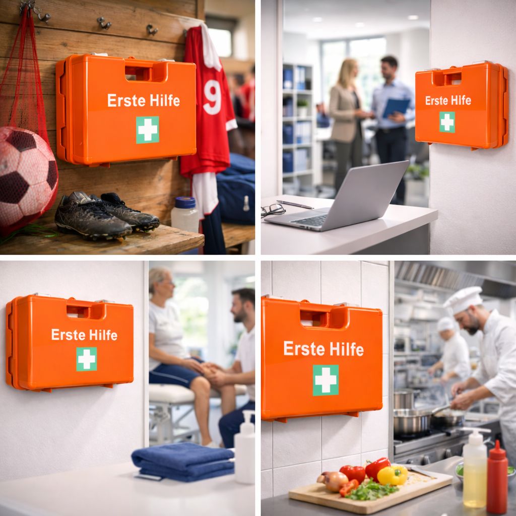 Montagebeispiele für Erste Hilfe Koffer. An der Wand in verschiedenen Umgebungen: Büro, Küche, Sport, etc.