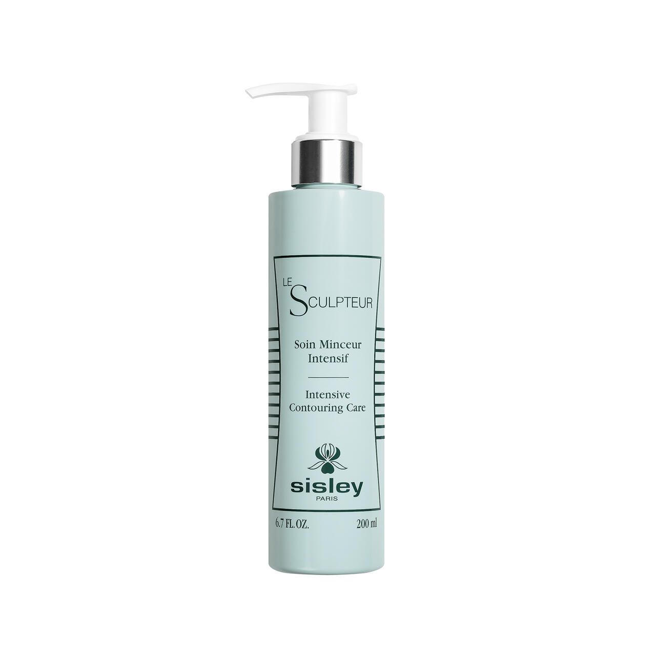 Hellgrüne Flasche mit Pumpe. Aufschrift: Le Sculpteur, Soin Minceur Intensif, Intensive Contouring Care. Marke: Sisley.
