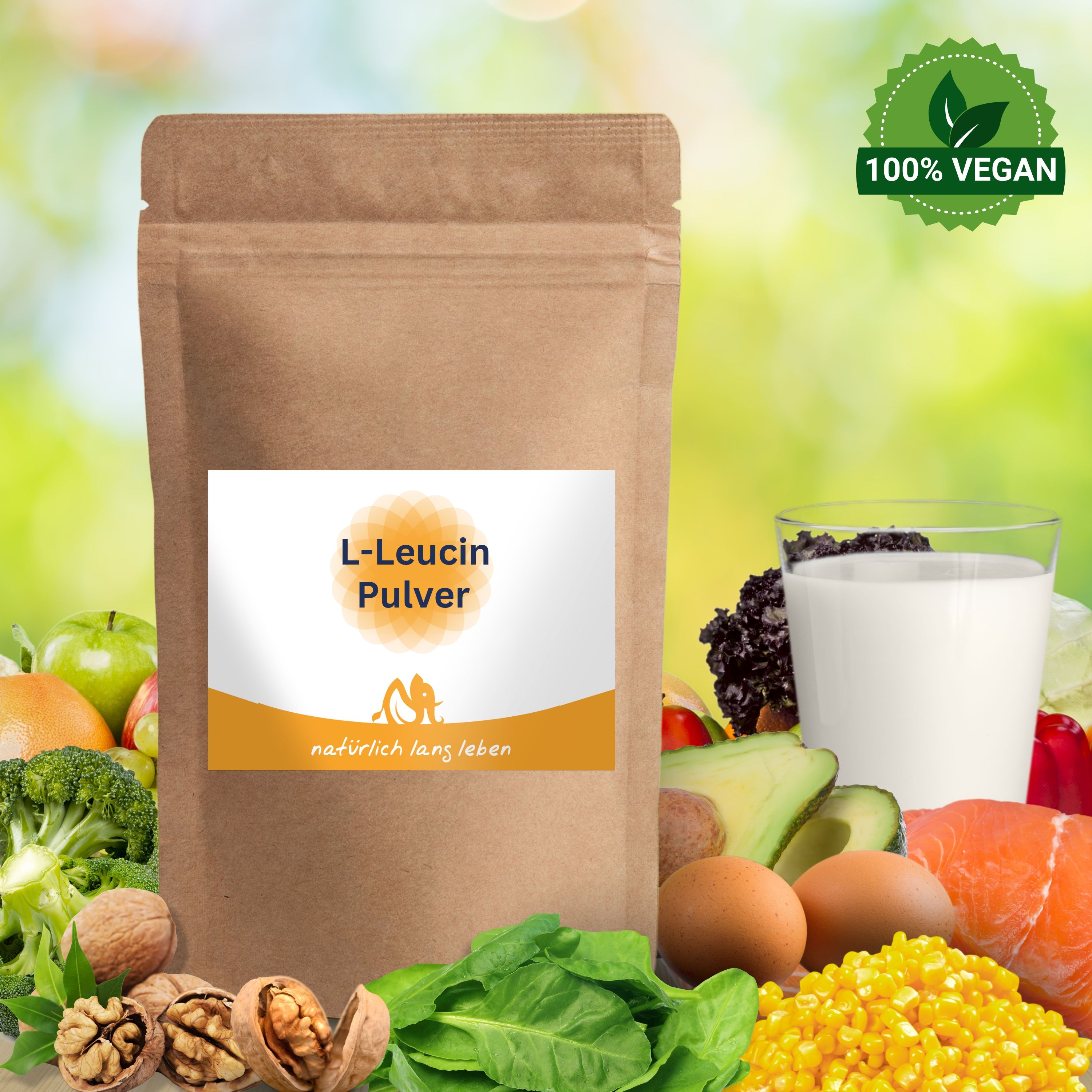 Braune Tüte mit weißem Etikett. Aufschrift: L-Leucin Pulver. Logo und Schriftzug: natürlich lang leben. 100% Vegan-Siegel.