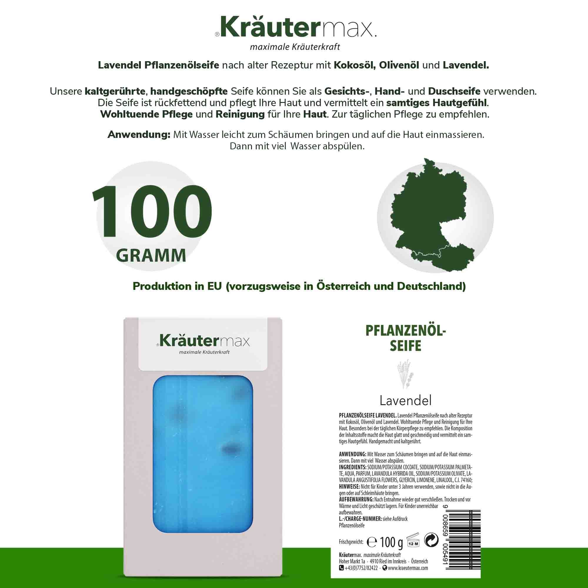 Kräutermax Pflanzenölseife Lavendel. Blaue Seife in Verpackung. Text: 100 Gramm. Produktinfo auf Rückseite.