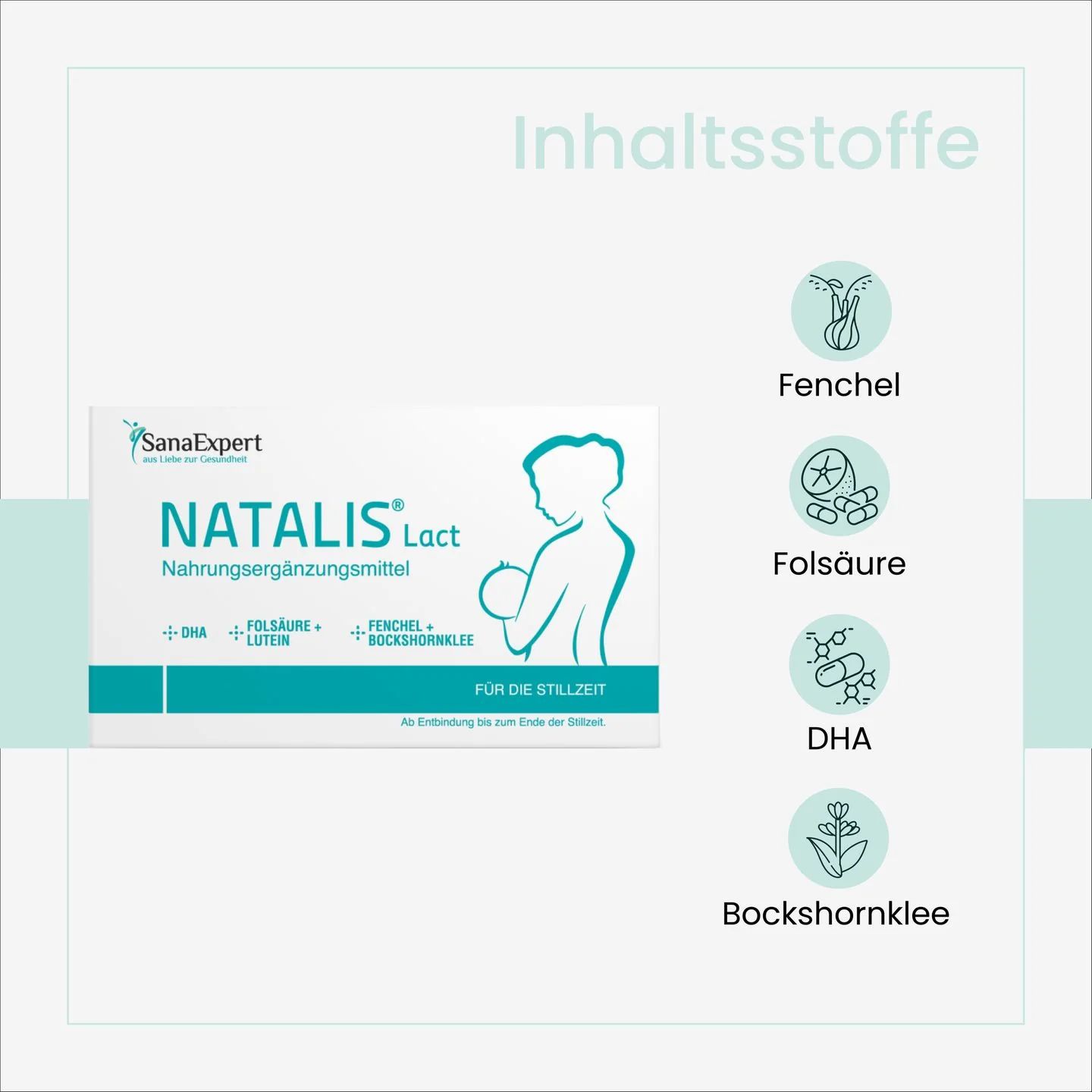 SanaExpert Natalis Lact Verpackung mit Darstellung von Inhaltsstoffen wie Fenchel und Folsäure.