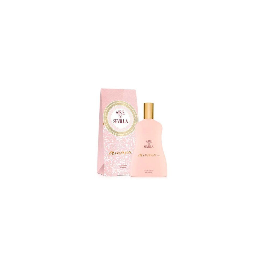 Rosa Flakon und Verpackung. Goldfarbener Deckel. Aufschrift: Aire de Sevilla.