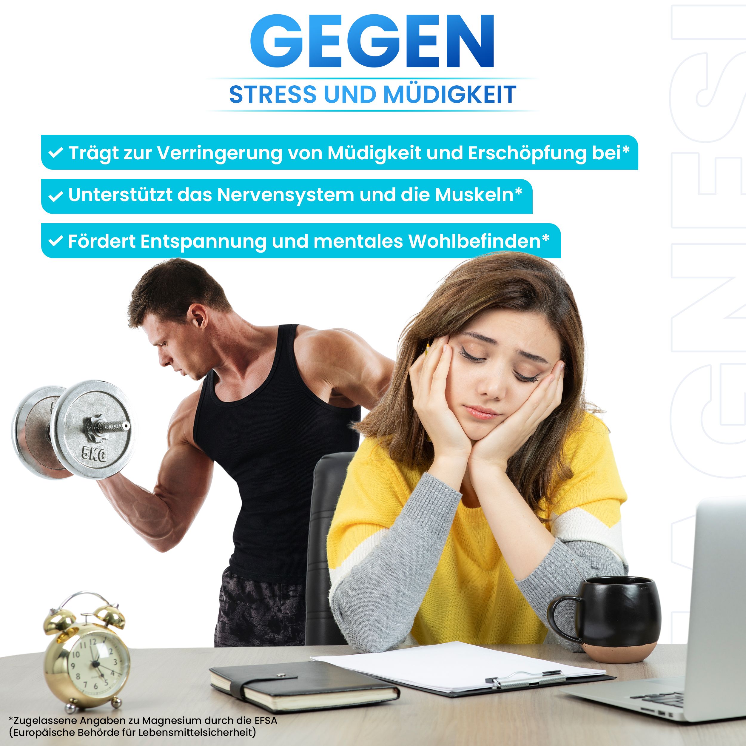 Frau am Schreibtisch, Mann mit Hantel. Text: Gegen Stress und Müdigkeit. Fördert Entspannung und mentales Wohlbefinden.