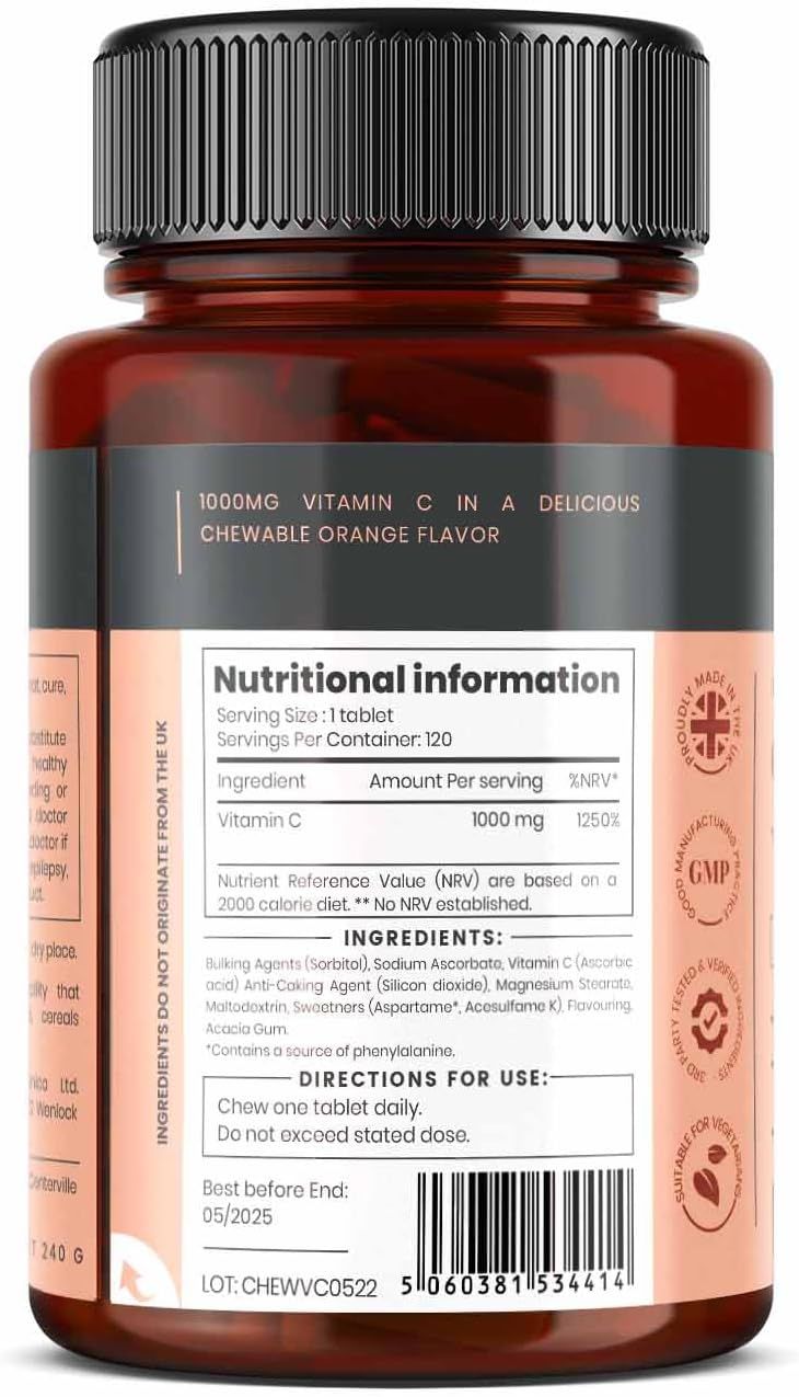 Braune Flasche Pureclinica Vitamin C Tabletten. Rückseite mit Nährwertinformationen, Zutatenliste und Gebrauchsanweisung.