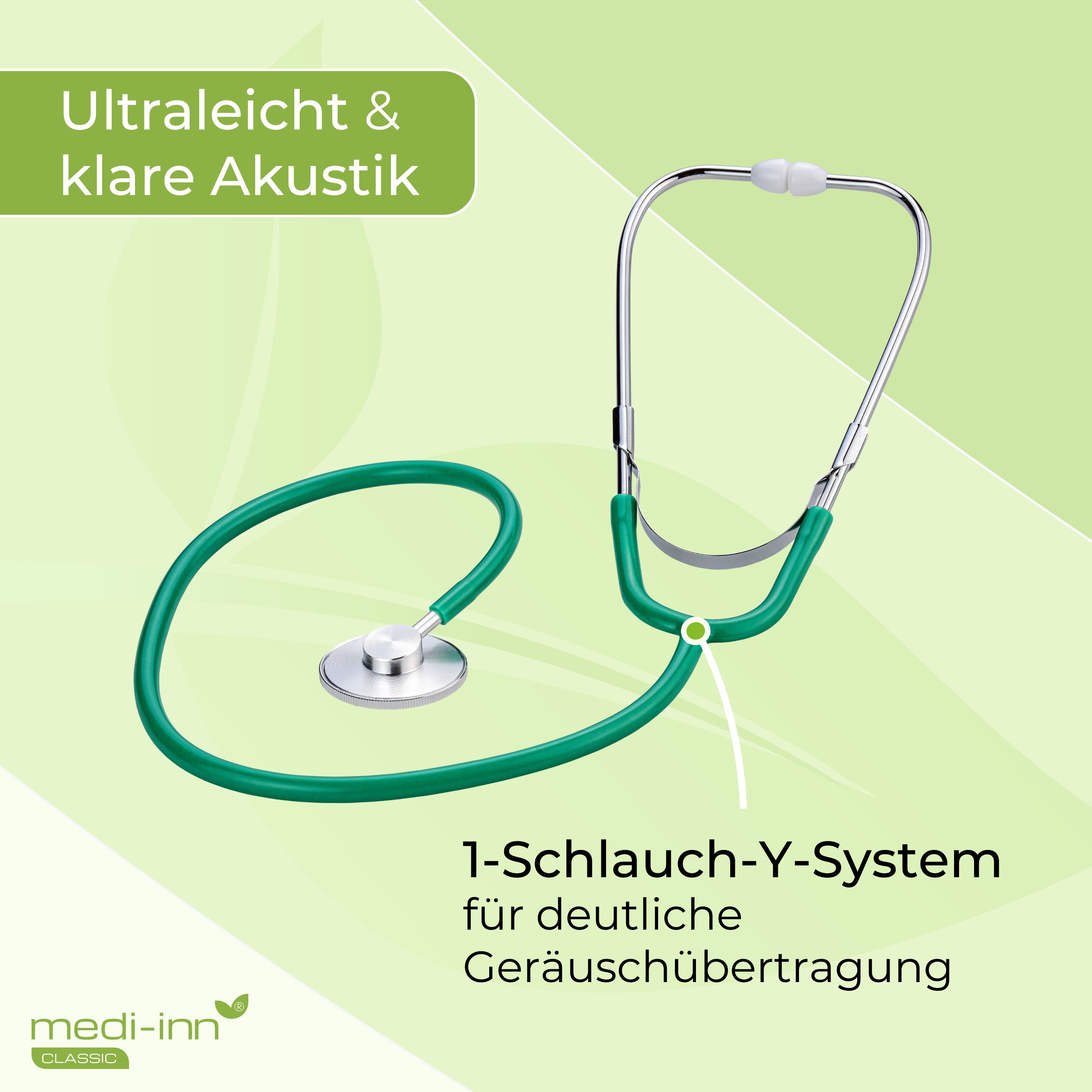 Grünes Flachkopf-Stethoskop mit 1-Schlauch-Y-System für klare Akustik.