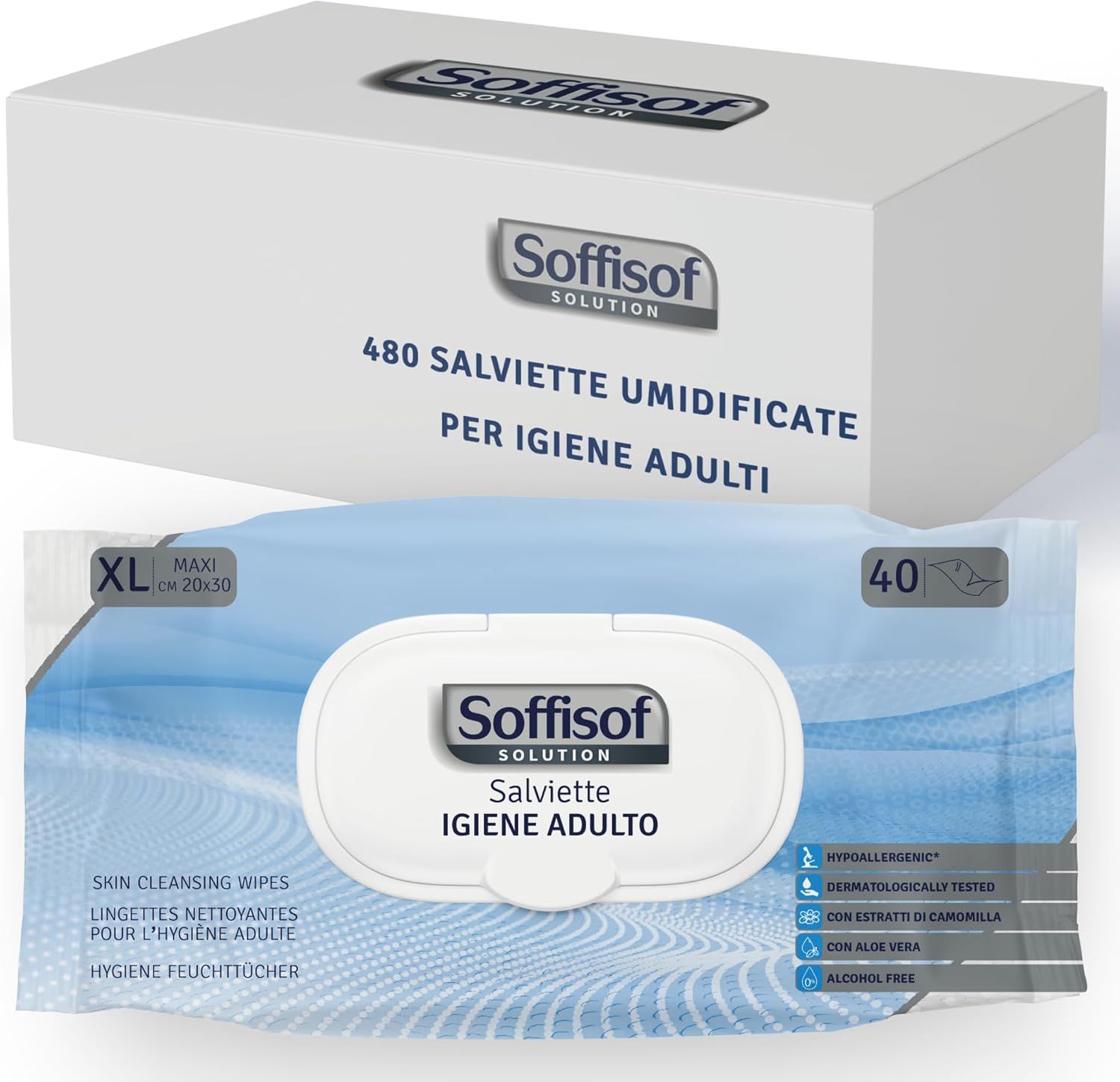 Große Packung Feuchttücher für Senioren. Aufschrift: Soffisof Solution, 480 Tücher. Einzelpackung mit 40 Tüchern.