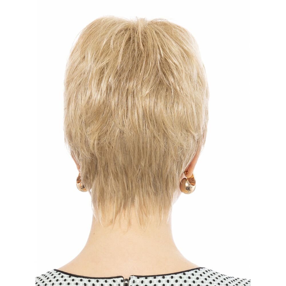 Rückansicht einer blonden Perücke mit kurzem, gewelltem Haar. Frau mit Ohrringen.