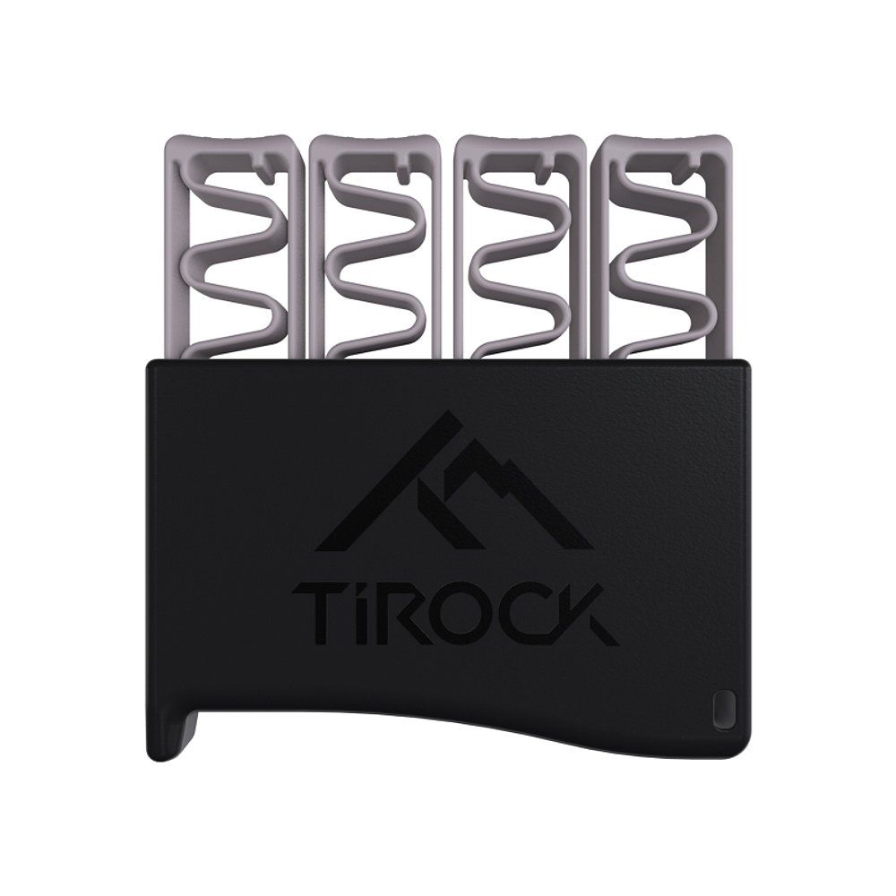 Schwarzes Trainingsgerät mit vier grauen Federn. Das Logo "TiRock" ist auf der Vorderseite abgebildet.