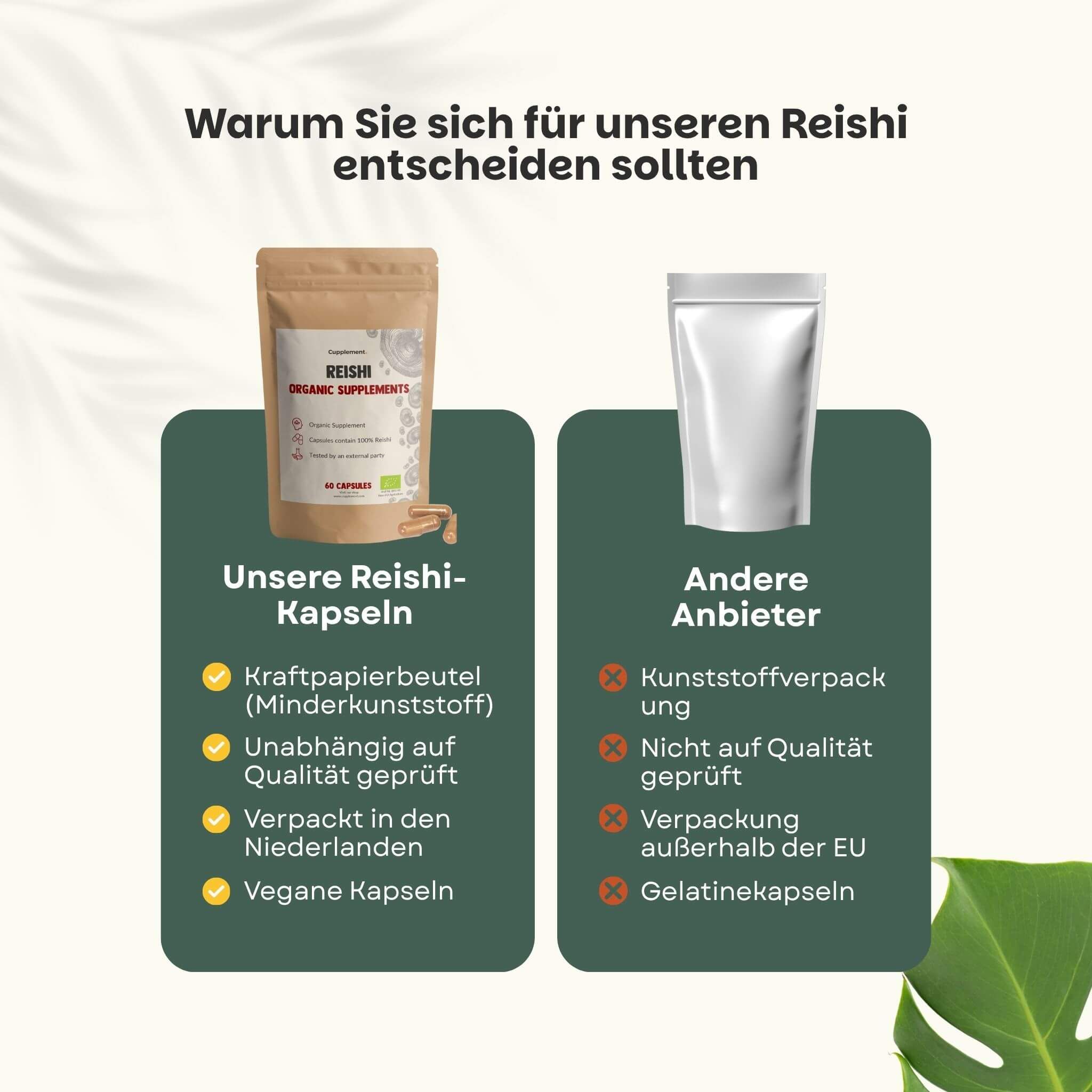 Beutel mit Reishi-Kapseln. Text: Warum Sie sich für unseren Reishi entscheiden sollten. Kraftpapierbeutel, vegane Kapseln.