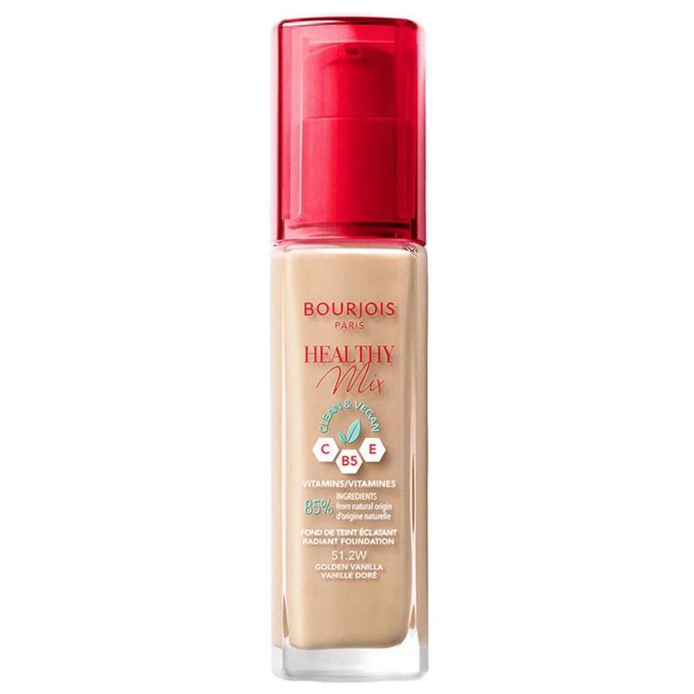 Bourjois Healthy Mix Foundation-Flakon. Beige Flüssigkeit, roter Pumpdeckel. Text auf dem Etikett.