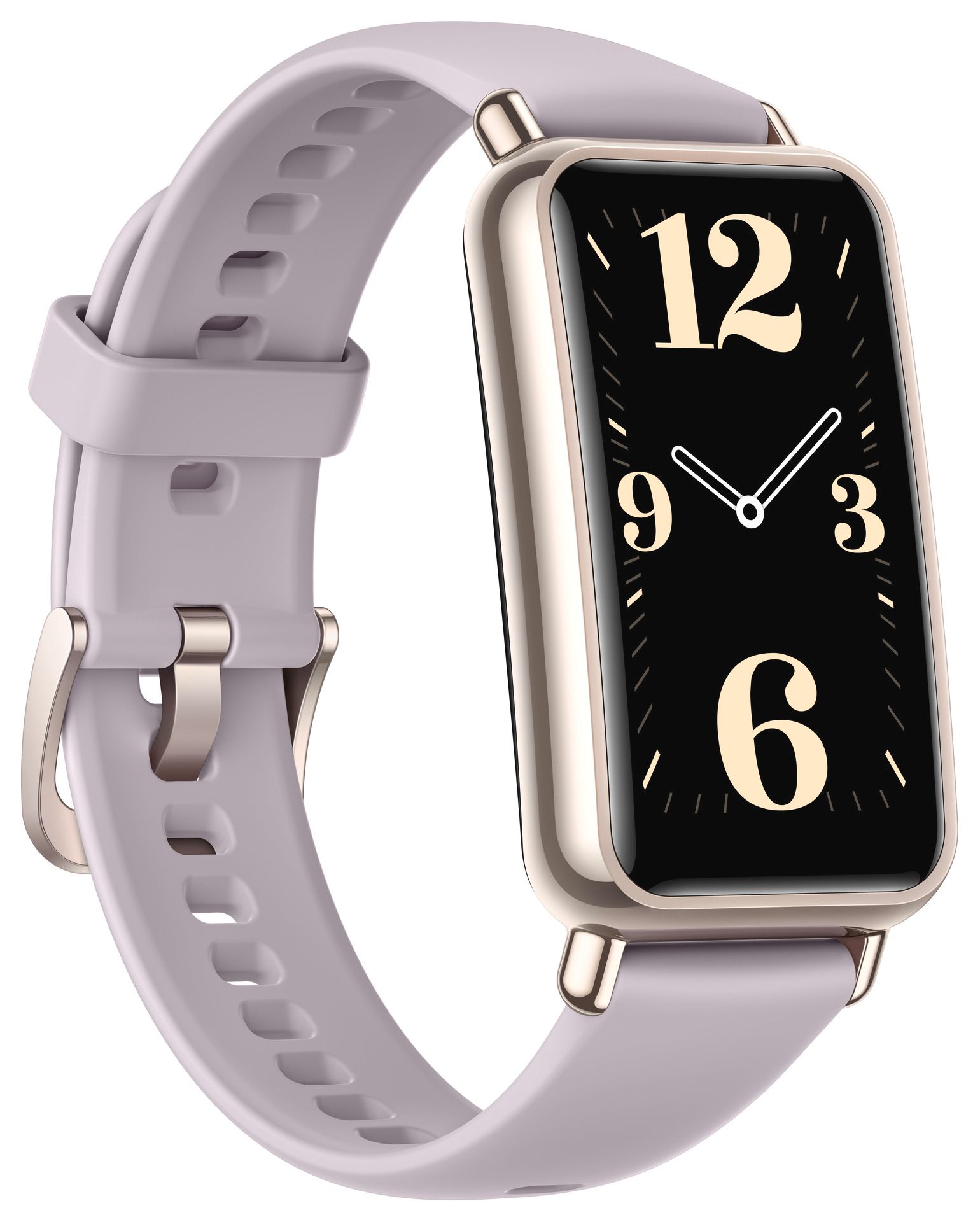 Violette Smartwatch mit rechteckigem Display. Ziffernblatt mit Ziffern 12, 3, 6, 9. Armband aus Silikon.