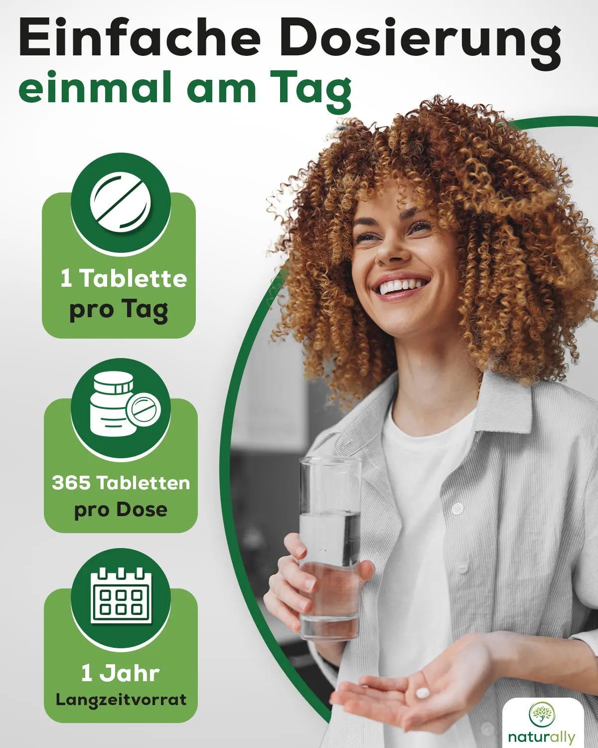 Frau mit Glas Wasser und Tablette. Text: 1 Tablette pro Tag, 365 Tabletten pro Dosis, 1 Jahr Langzeitvorrat.