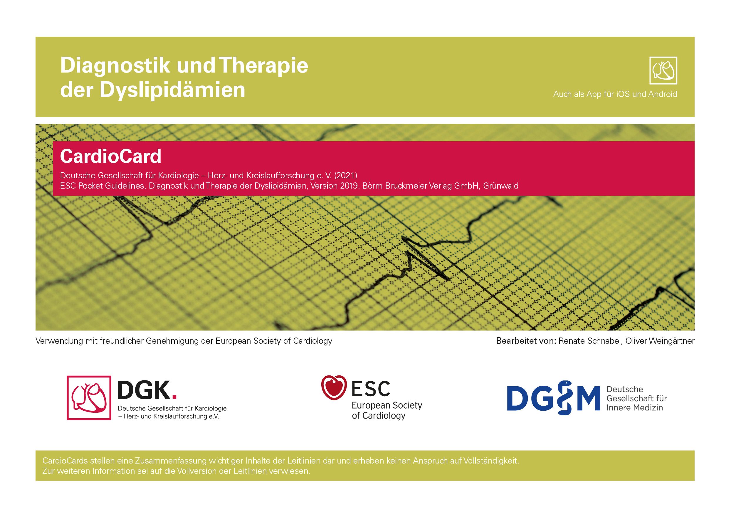 CardioCard-Taschenleitfaden zur Diagnose und Therapie von Dyslipidämien. Mit Logos von DGK, ESC und DGM.