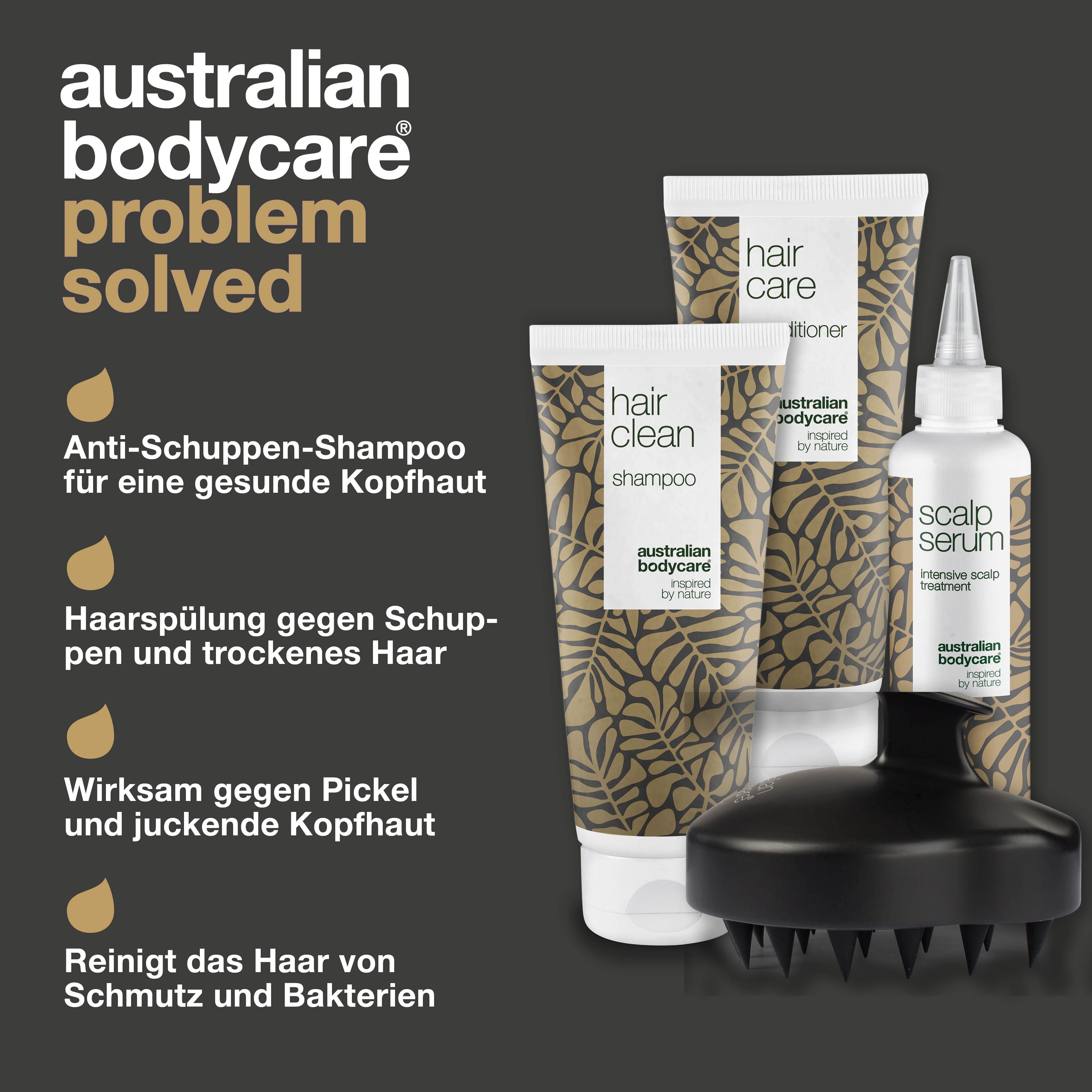 Produkt-Set mit Shampoo, Conditioner, Serum und Kopfhautbürste. Text: Problem gelöst. Produktvorteile.