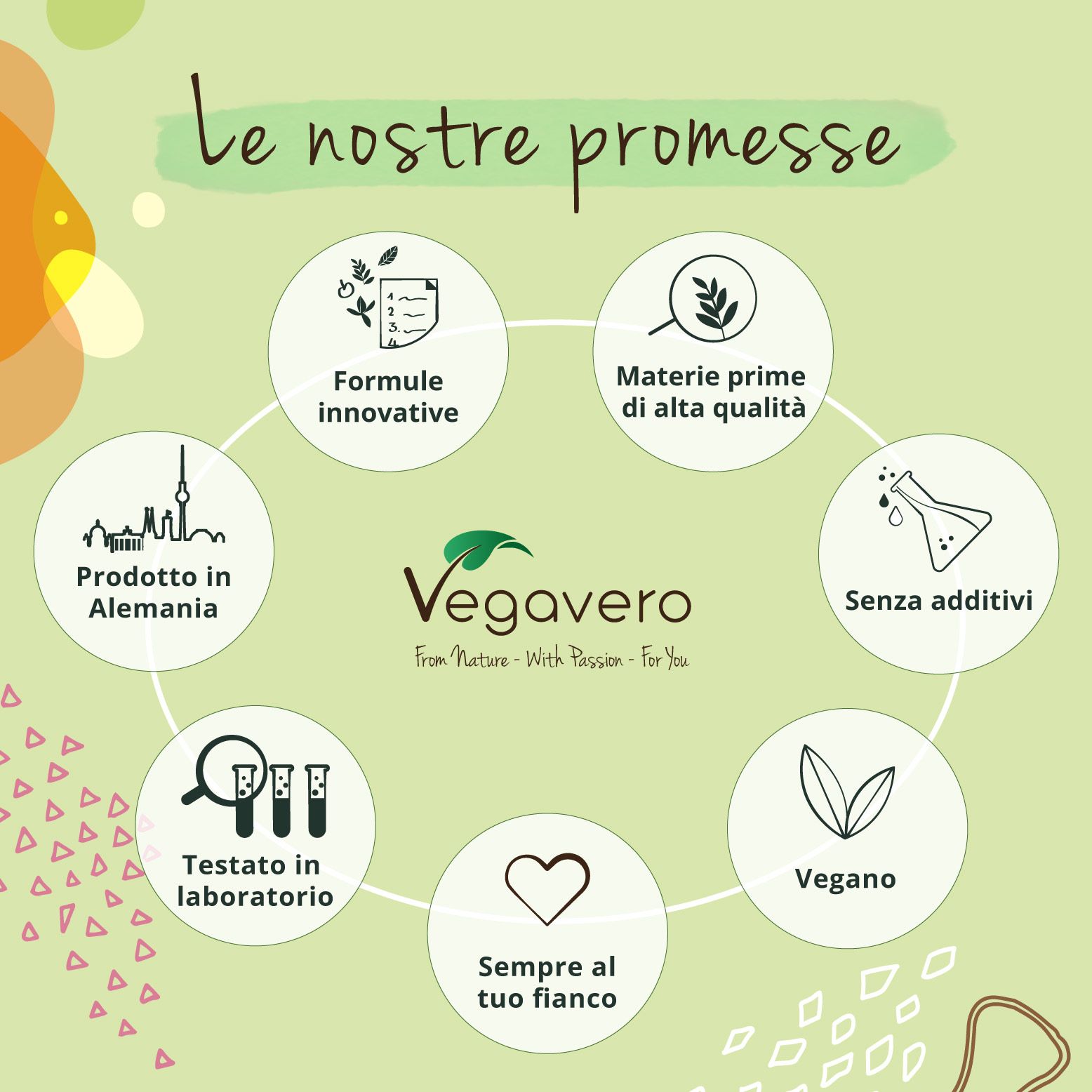 Grafico: Promesse Vegavaro. Icone: Formule innovative, materie prime di alta qualità, senza additivi, vegano.