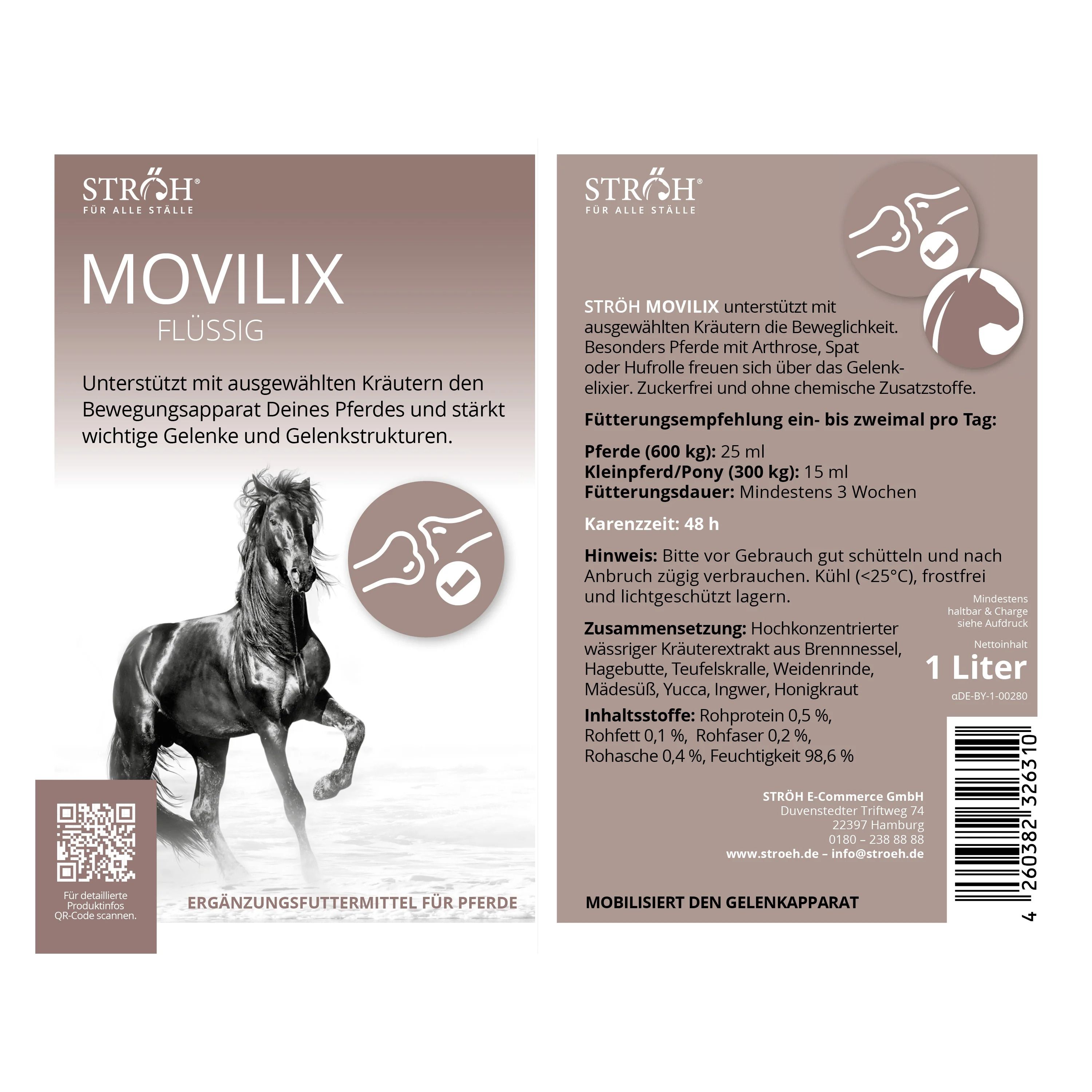 Etikett MOVILIX Flüssig. Produktname, Pferd, QR-Code, Text. 1 Liter. Informationen zur Fütterung und Inhaltsstoffen.