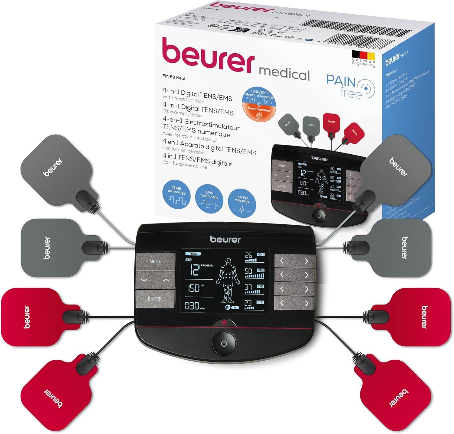 Produkt mit Elektroden, Display und Zubehör. Text: Beurer medical, 4-in-1 Digital TENS/EMS, German Engineering, Pain Free.