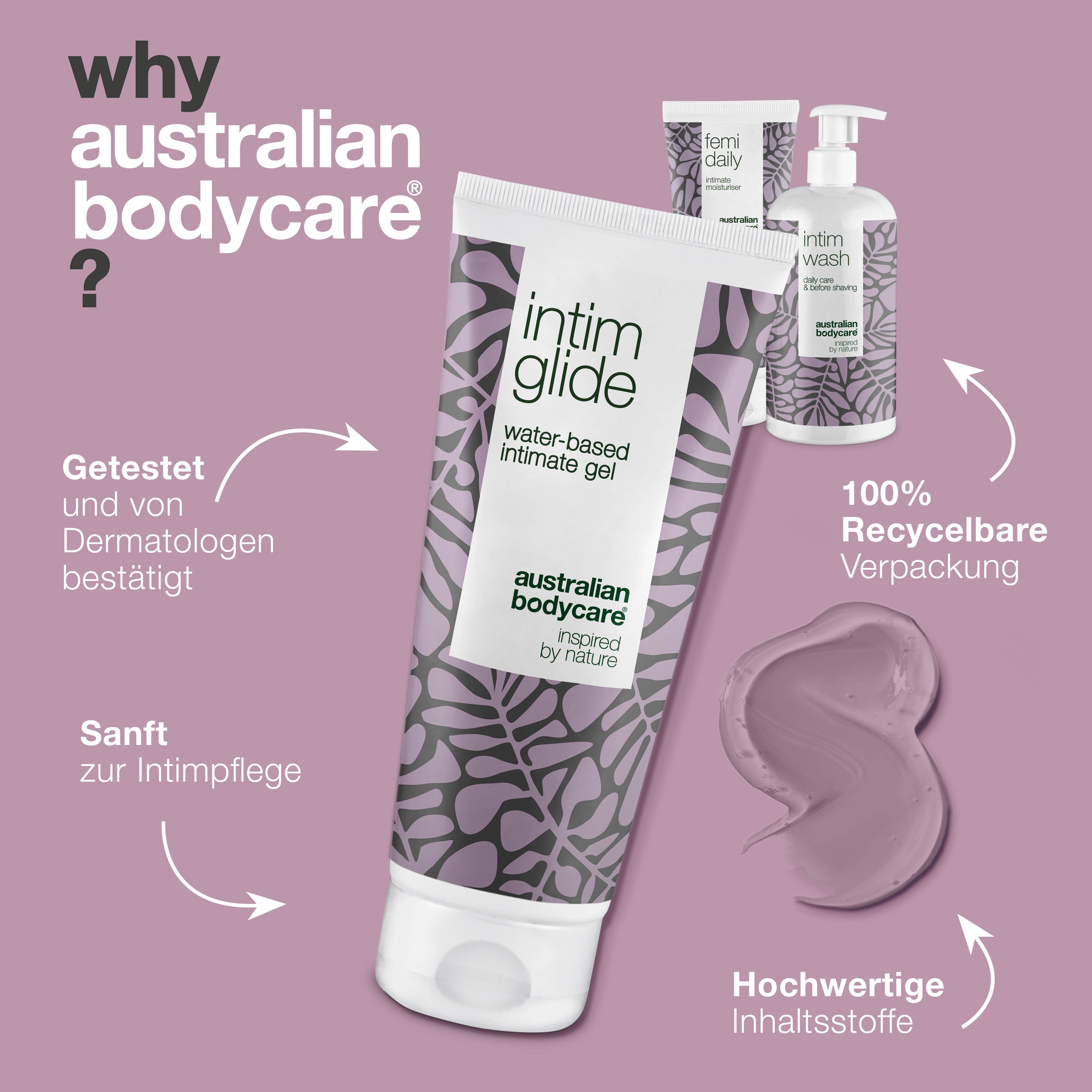 Intim Glide, Intim Wash und Femi Daily. Text: Getestet, 100% recycelbare Verpackung, hochwertige Inhaltsstoffe.