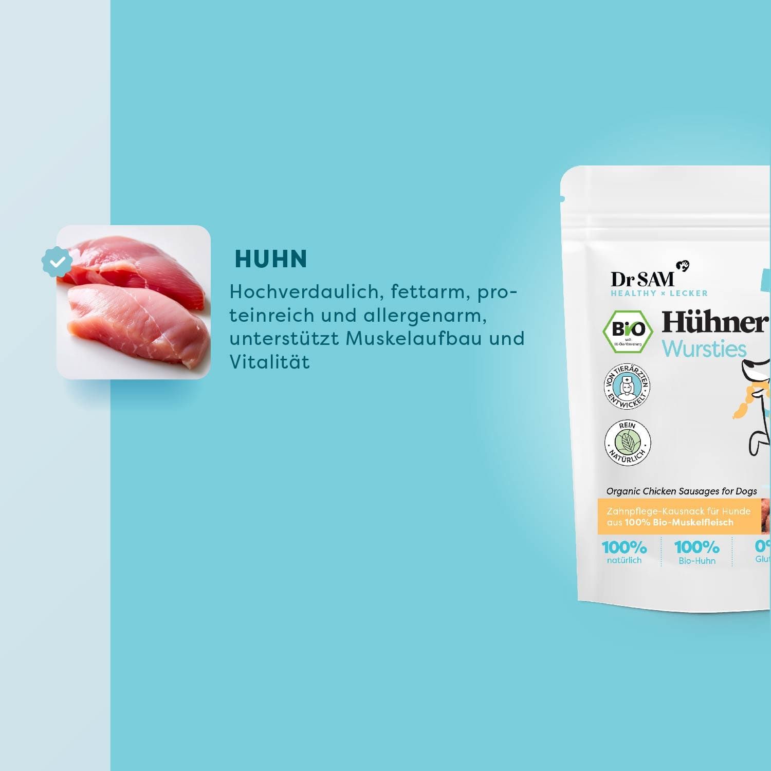 Hintergrund mit Hühnerfleisch. Text: Hochverdaulich, fettarm, proteinreich, allergenarm. Verpackung mit Produktnamen im Hintergrund.