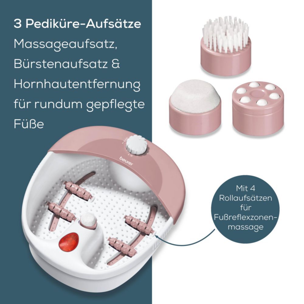 Fußsprudelbad mit 3 Aufsätzen. Rosa-weißes Gerät. Aufsätze: Massage, Bürste, Hornhautentferner. Text.