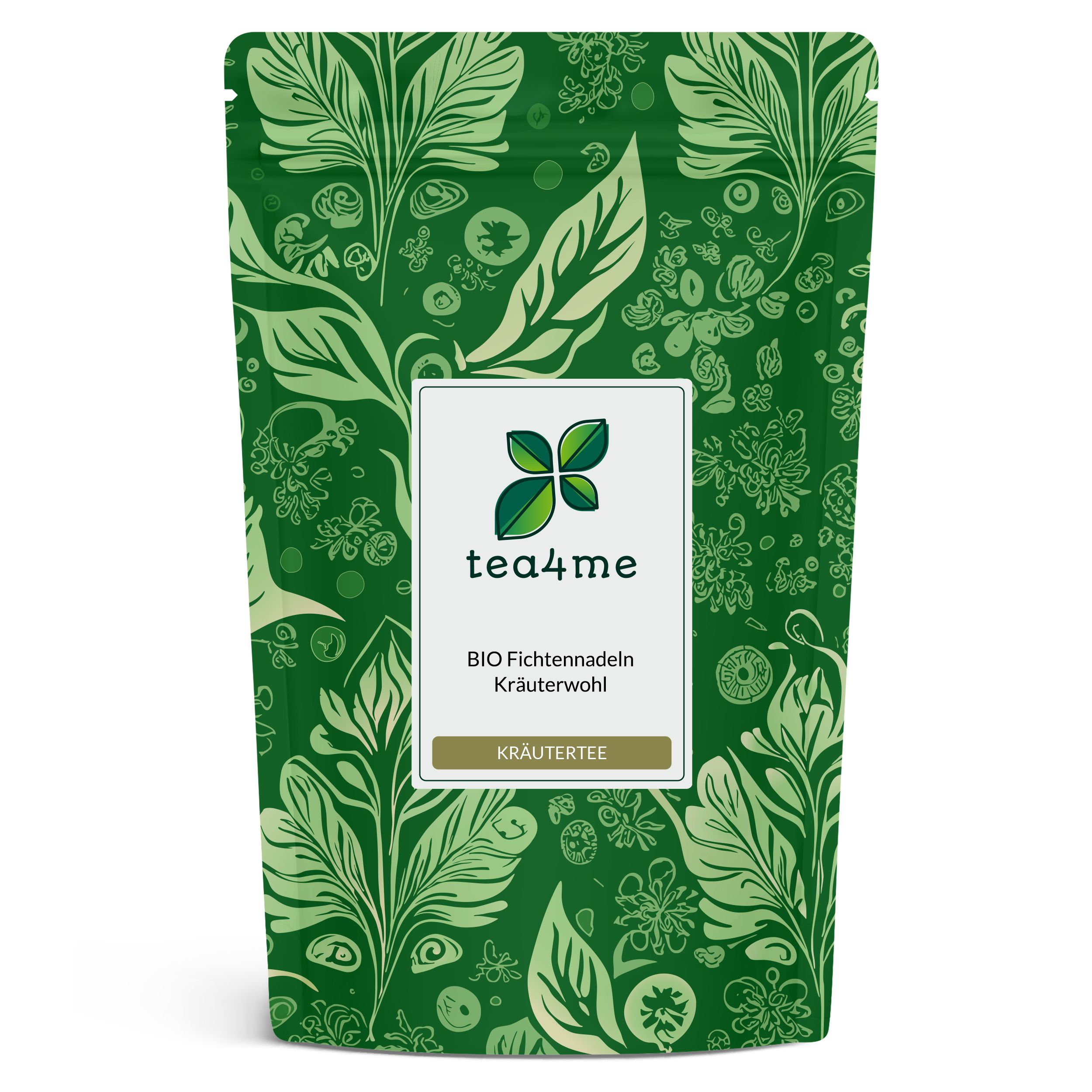 Grüner Beutel mit Kräutertee. Aufschrift: tea4me BIO Fichtennadeln Kräutertee.