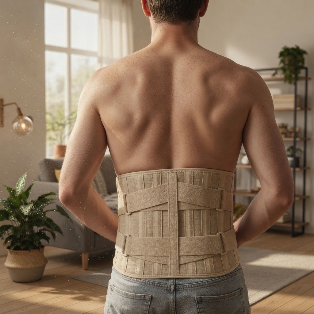 Mann trägt eine beige Rückenbandage zur Unterstützung des unteren Rückens.