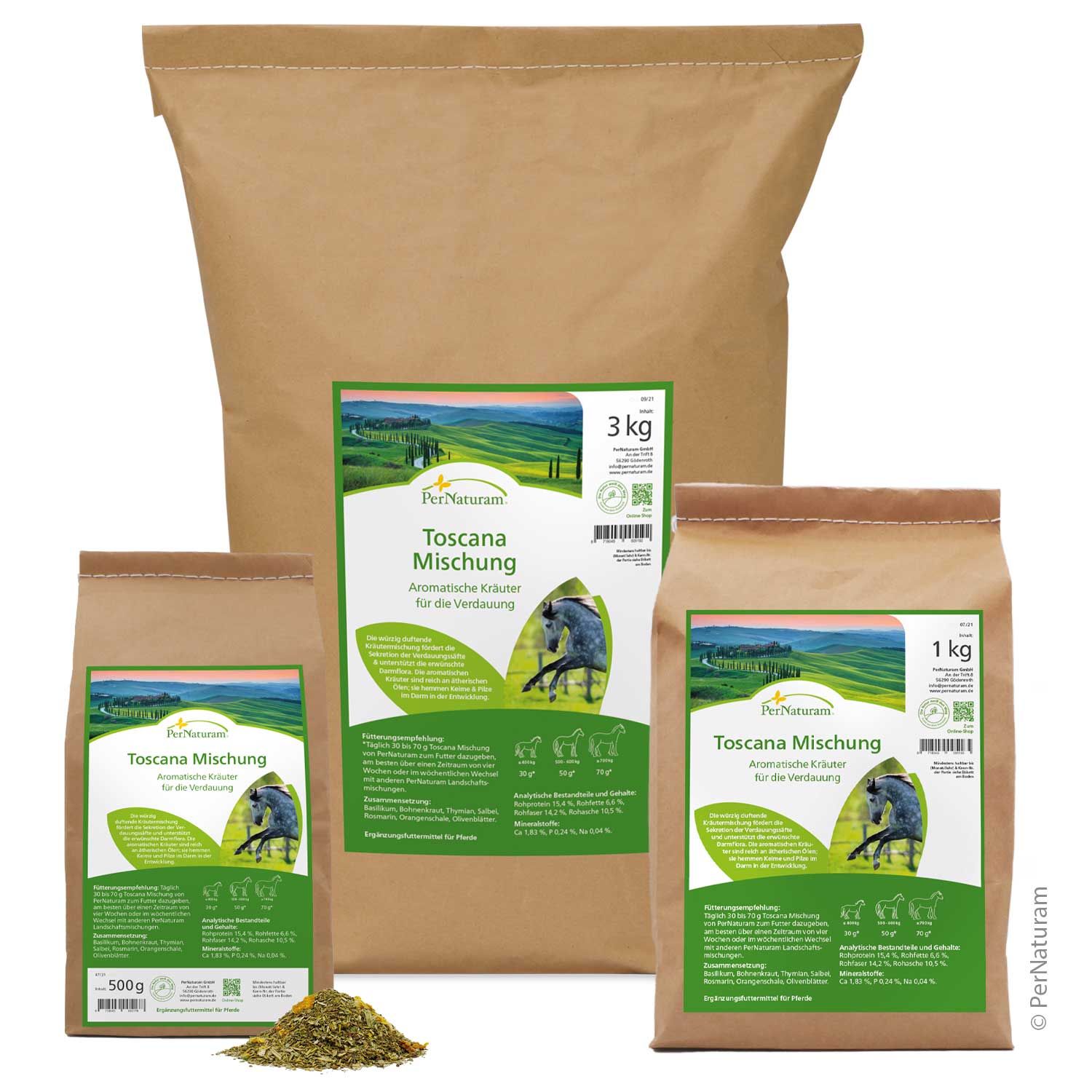 Drei Beutel Toscana Mischung. Braune Papierbeutel mit grünem Etikett. Produktname und Logo sichtbar. 500g, 1kg und 3kg Packungen.