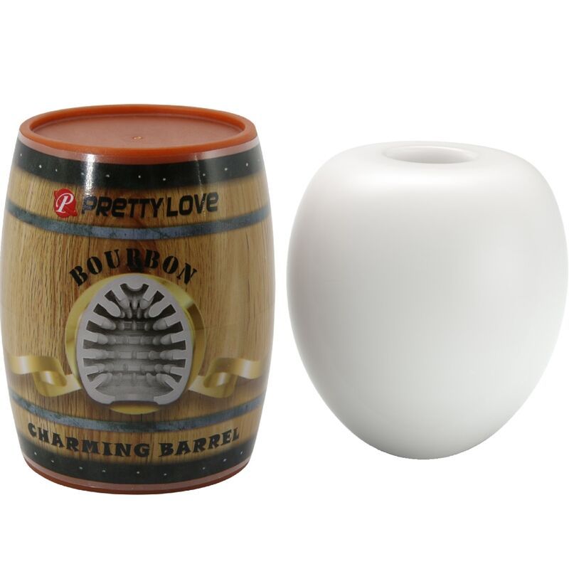 Masturbator in Fassform und Eiform. Aufschrift: Pretty Love, Bourbon, Charming Barrel. Braune und schwarze Details.