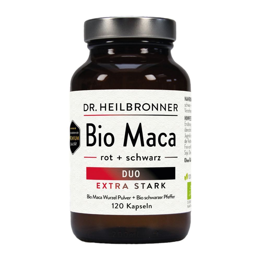 Braune Glasflasche mit silbernem Deckel. Etikett mit "Bio Maca Duo" und Inhaltsangaben. 120 Kapseln.