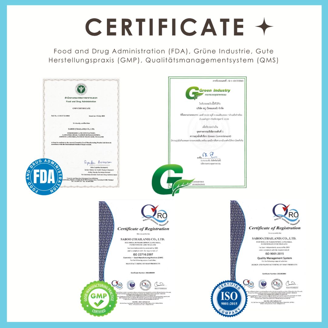 Zertifikate. FDA, GMP, ISO 9001. Logos von Organisationen und Qualitätssiegeln.