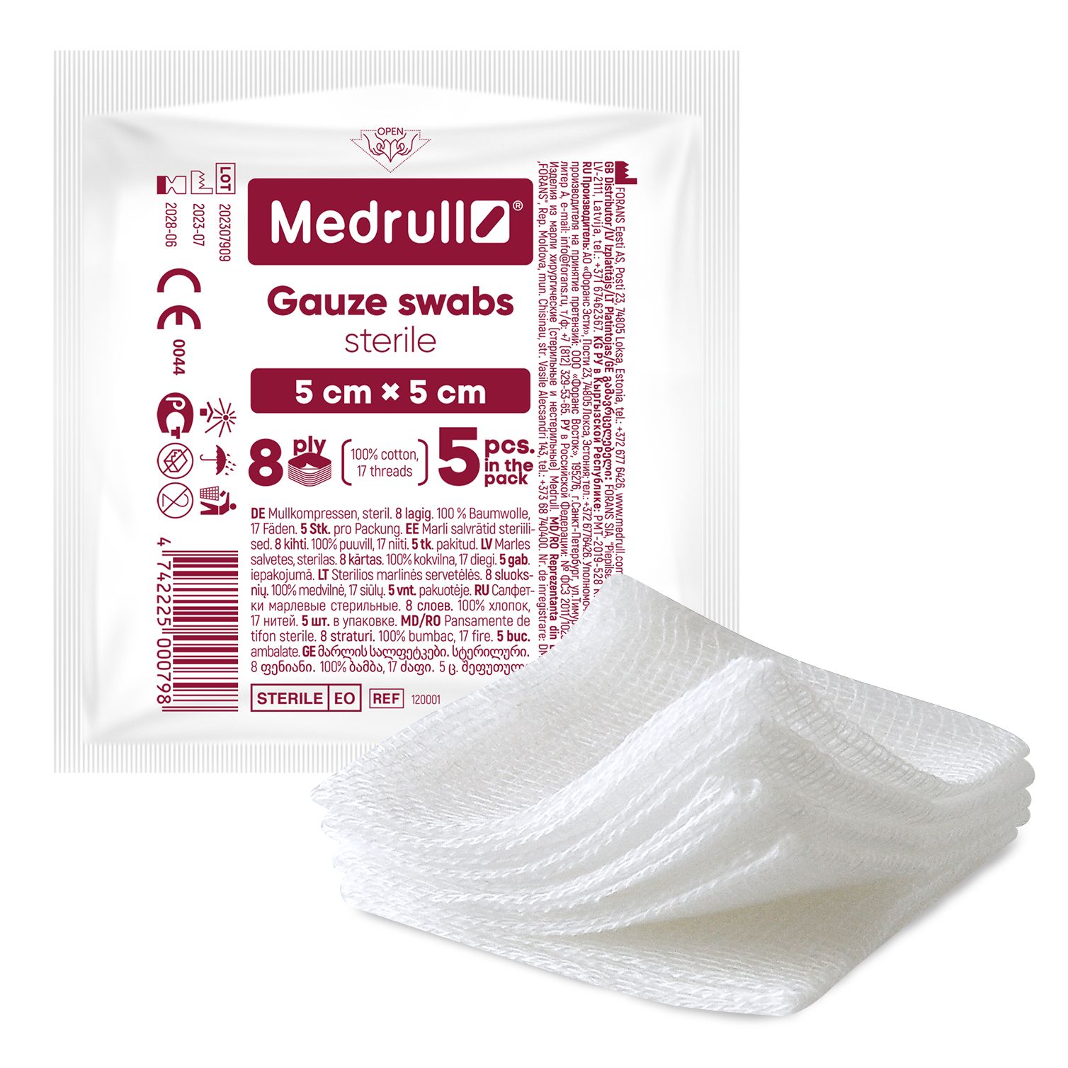 Sterile Mullkompressen 5x5 cm, 8-lagig, 5 Stück pro Packung.