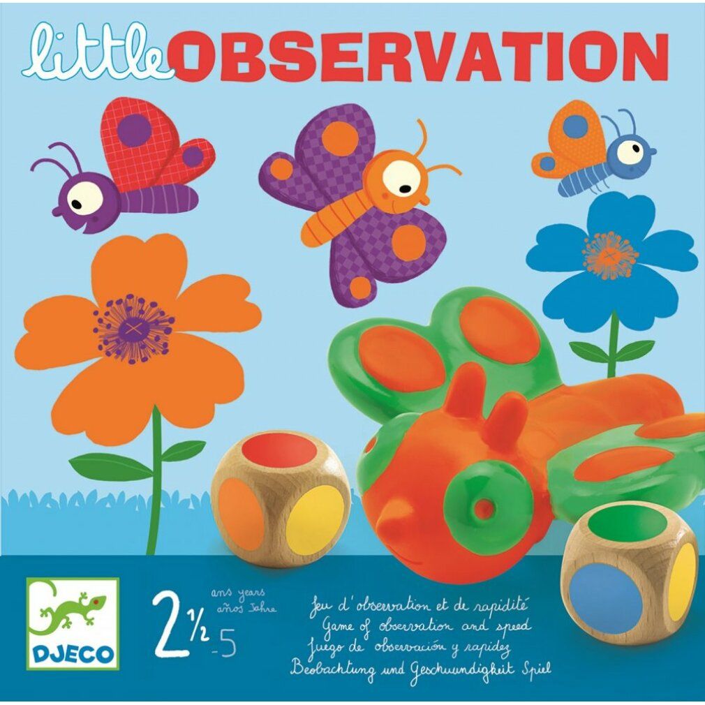 Spiel mit bunten Elementen: Blumen, Schmetterlinge, Würfel. Aufschrift: "Observation". Marke: Djeco.