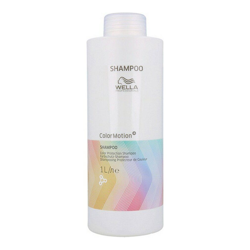 Große, weiße Shampoo-Flasche mit weißem Deckel. Aufschrift: Wella ColorMotion Shampoo. Farbiger Aufkleber.