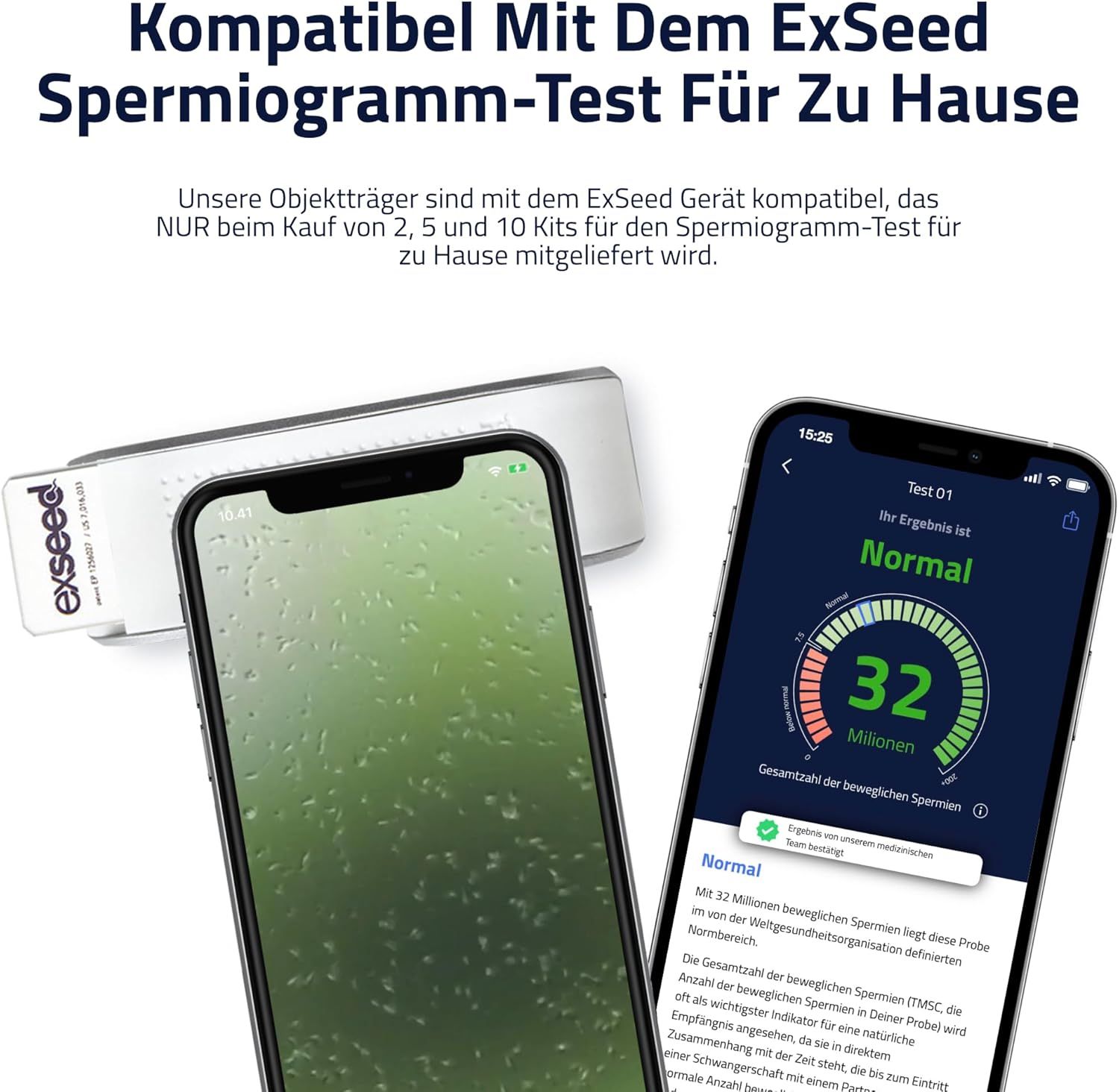 Smartphone mit Testergebnis-App. ExSeed-Gerät und Smartphone mit Testergebnis-App. Text: Normal, 32 Millionen.