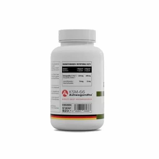 Weiße Flasche mit KSM-66 Ashwagandha. Rückseite mit Nährwertangaben und Barcode. Enthält 120 Kapseln.