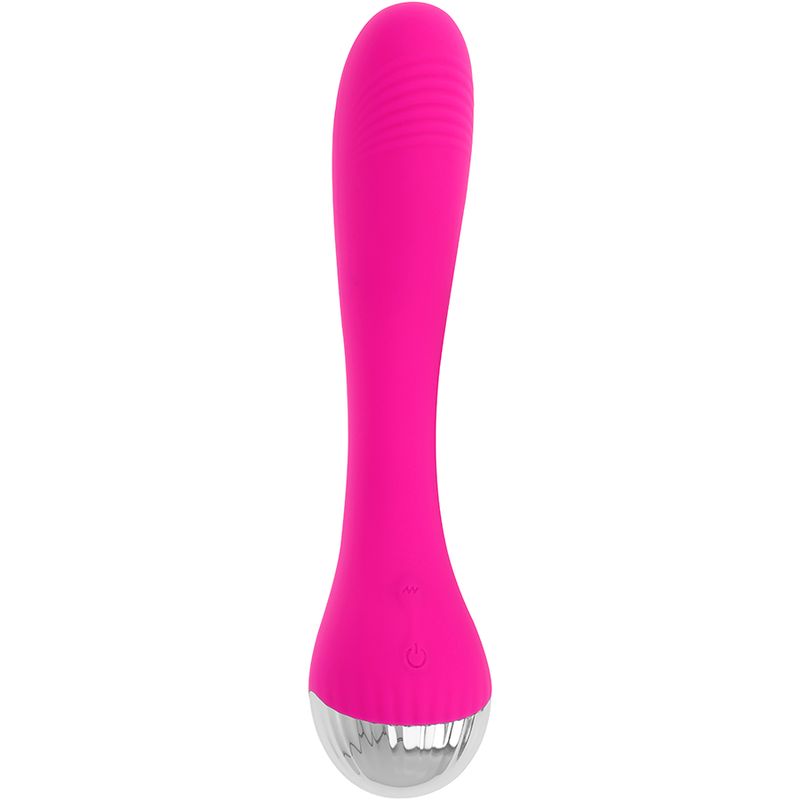 Pinkfarbener Vibrator mit silberfarbenem Kopf und Bedienknopf. Auf weißem Hintergrund.