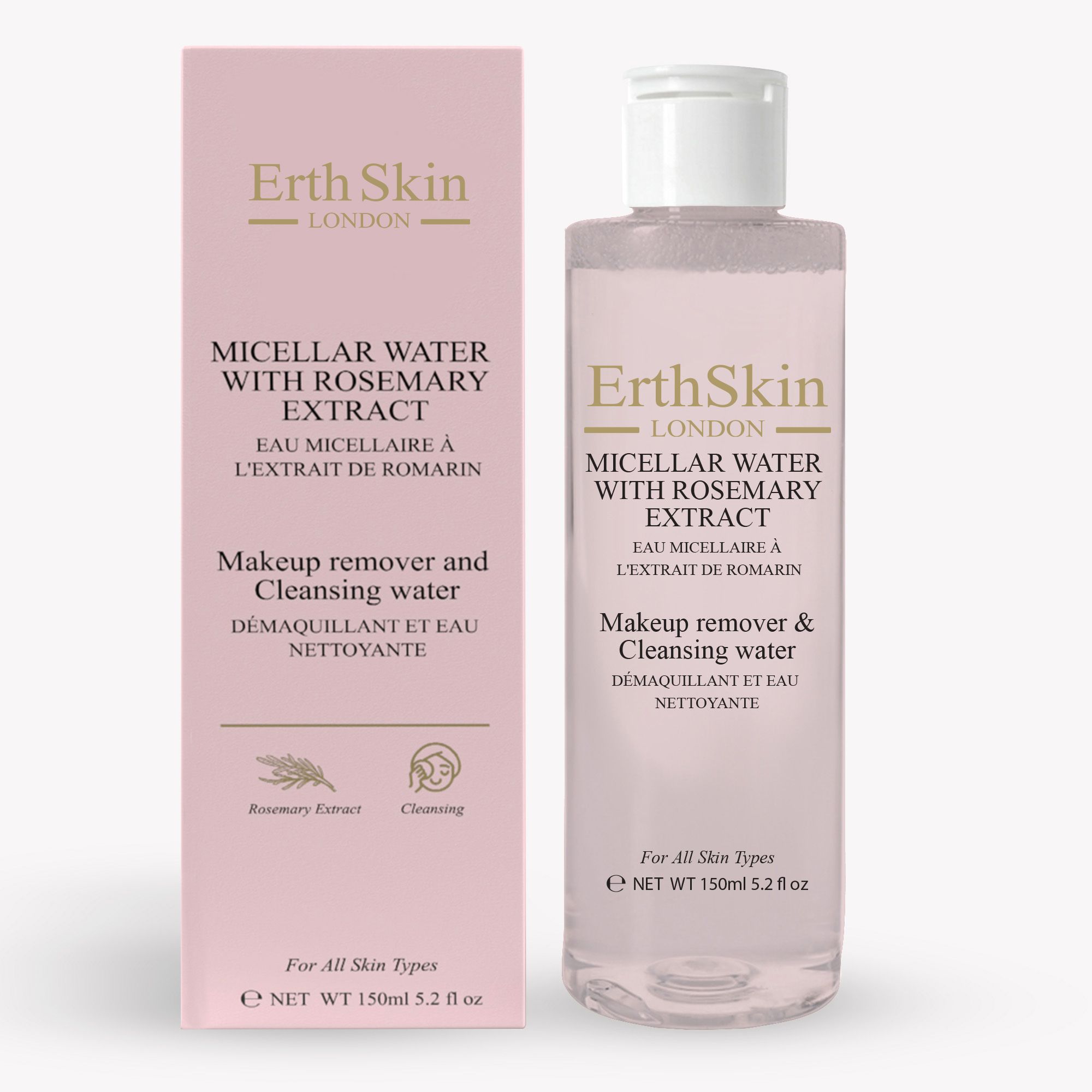 ErthSkin London Mikrozellwasser mit Rosmarinextrakt und passender Verpackung.