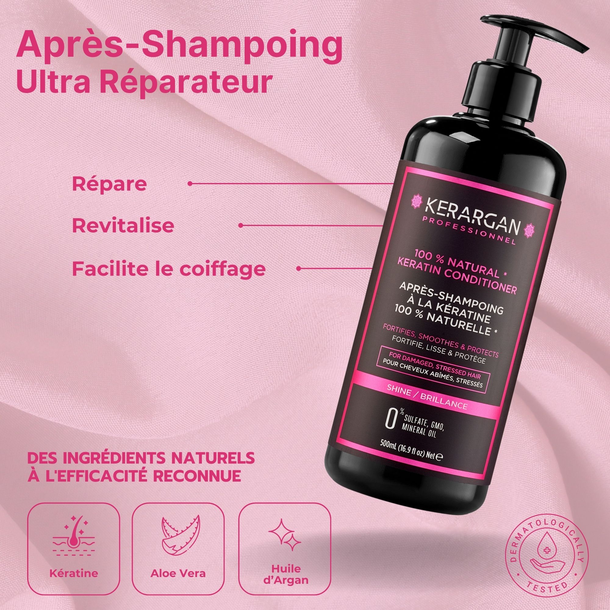 Flacon noir de conditionneur Kerargan avec étiquette rose. Contient 100% kératine naturelle. 500ml. Testé dermatologiquement.