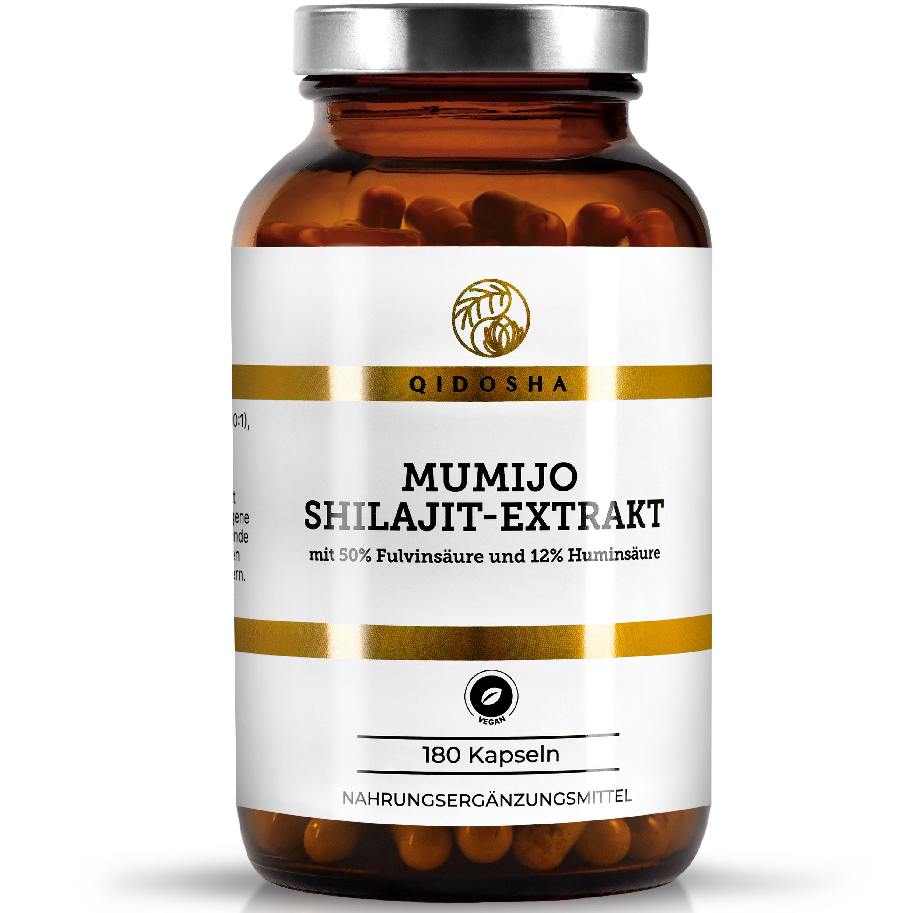 Braune Glasflasche mit Kapseln. Aufschrift: QIDOSHA Mumijo Shilajit Extrakt, 180 Kapseln, vegan.