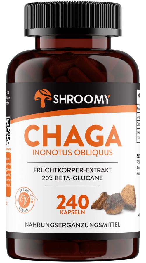 Braune Kapsel-Flasche mit Etikett. Text: SHROOMY, CHAGA, Inonotus Obliquus, Fruchtkörper-Extrakt, 20% Beta-Glucane, 240 Kapseln. Vegan-Siegel.