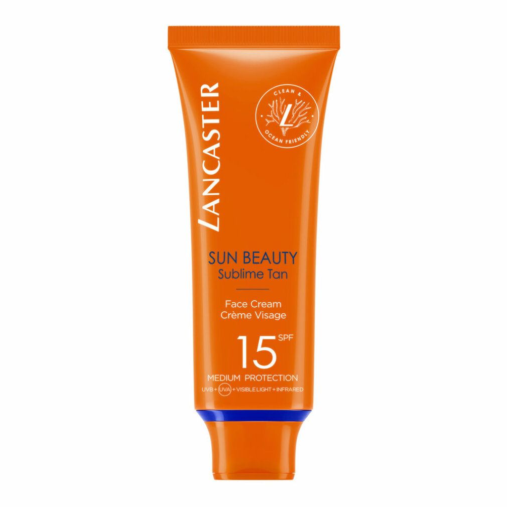 Orangefarbene Tube mit Produktinformationen. Text: Lancaster, Sun Beauty, SPF 15. 'Clean & Ocean Friendly'.
