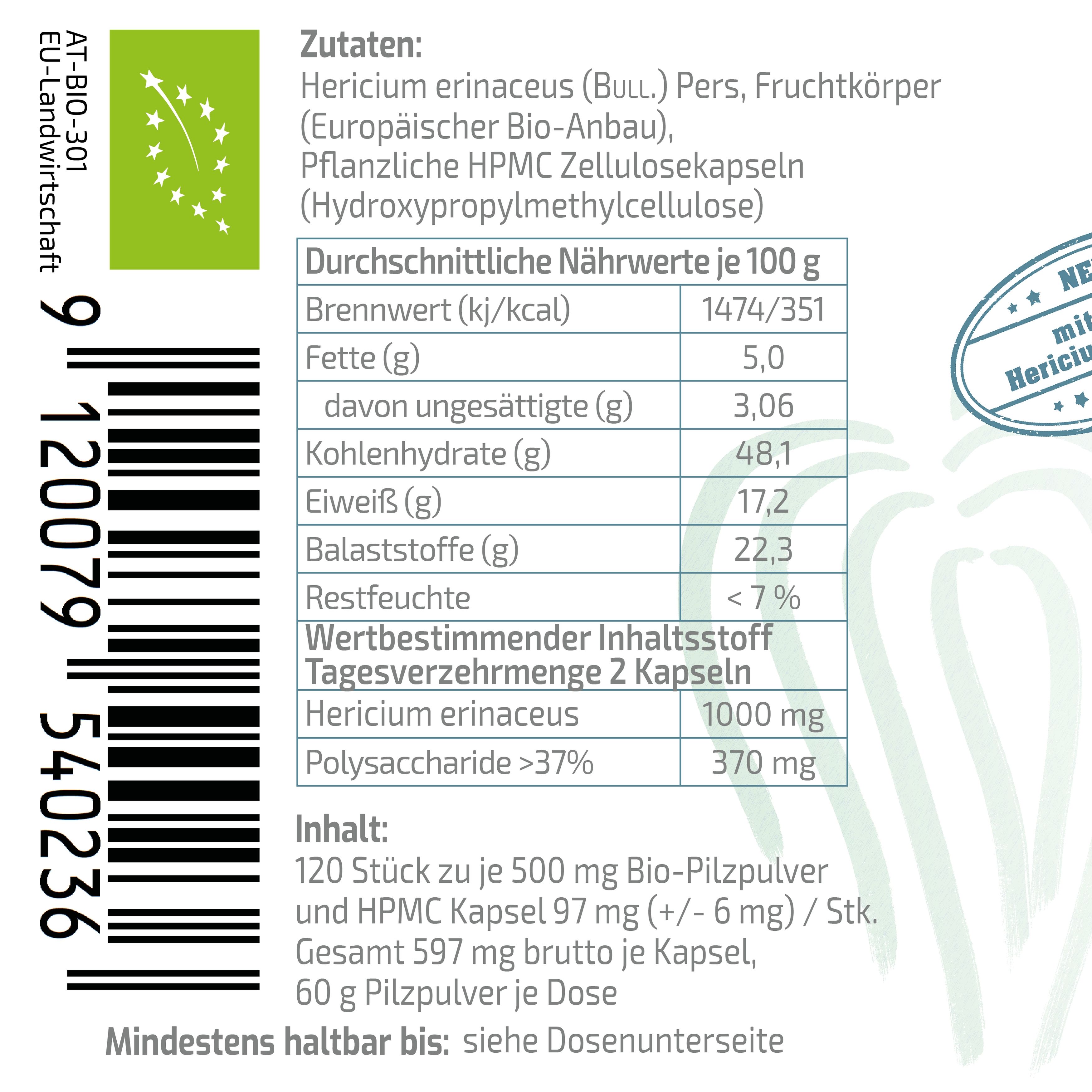 BEAUVITAL® Pure Bio Hericium Kapseln mit 10% Lions´s Mane Extrakt