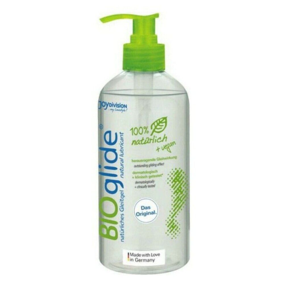 Transparente Flasche mit grünem Pumpkopf. Aufschrift BIOglide, 100% natürlich + vegan.  Hergestellt in Deutschland.