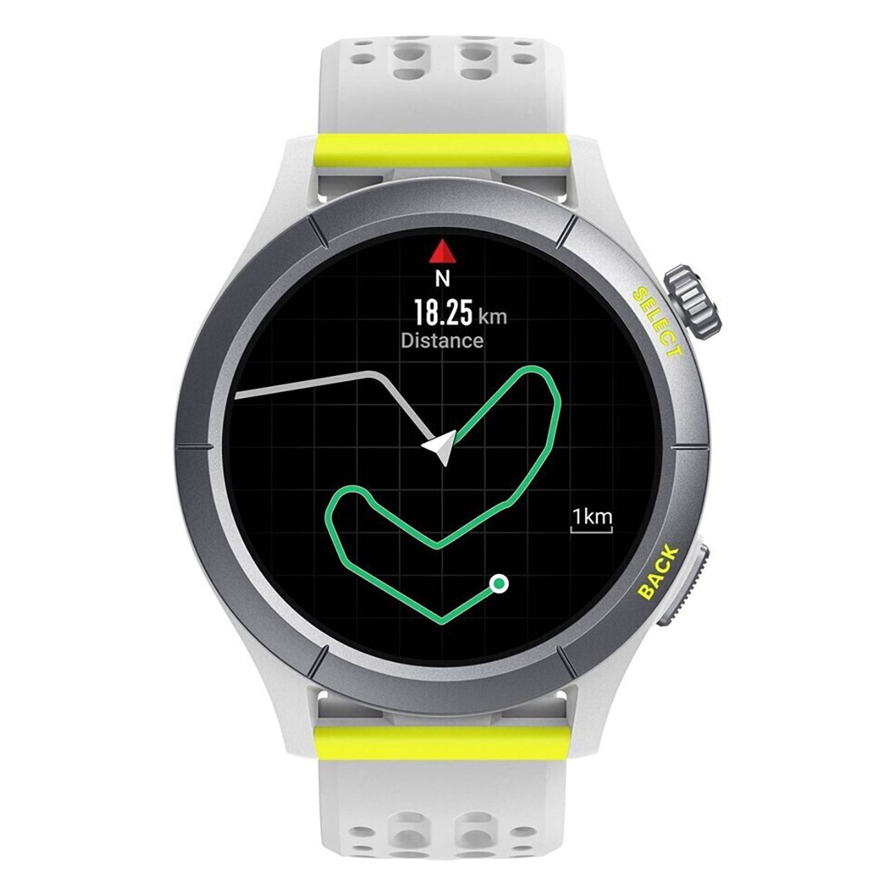 Smartwatch mit weißem Armband. Zeigt eine Karte mit zurückgelegter Strecke und Distanz an.